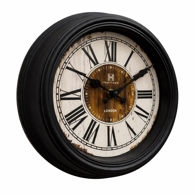 Squat Wall Clock – 10.75-Inch Heritage Roman Numeral Wall Clock with Black Frame and Wood Finish Dial - Habitt