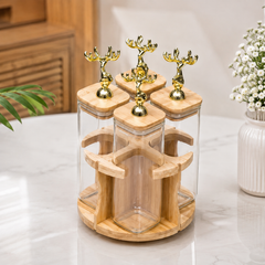 4 Piece Transparent Rotating Jar Set with Wooden Stand | Kitchen Storage Organizer