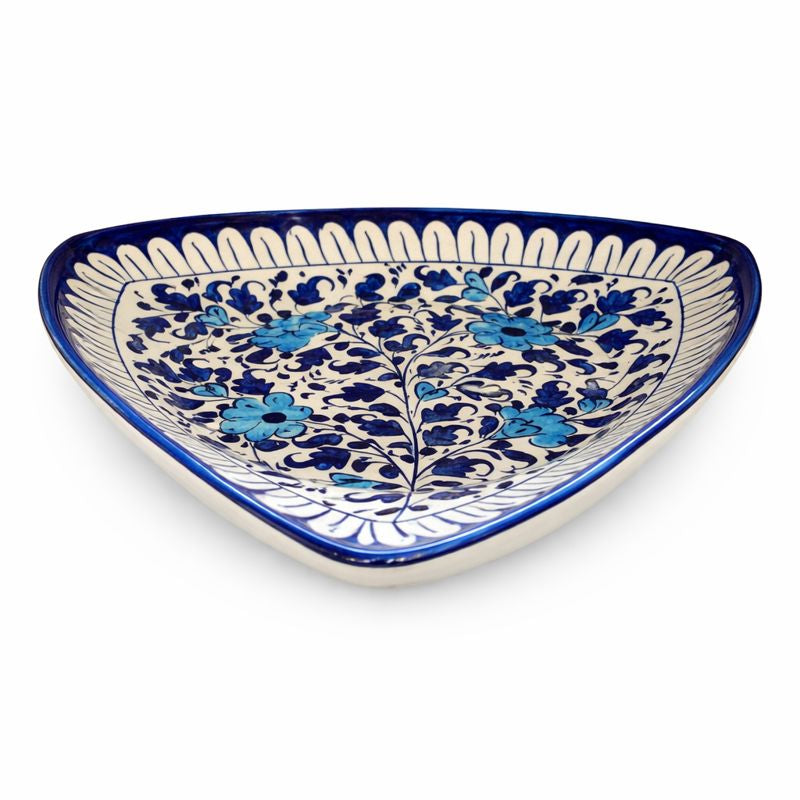 Handcrafted Ceramic Triangle Platter – Blue Floral Art (12 × 12 × 12 Inches)