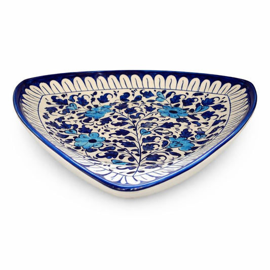 Handcrafted Ceramic Triangle Platter – Blue Floral Art (12 × 12 × 12 Inches)