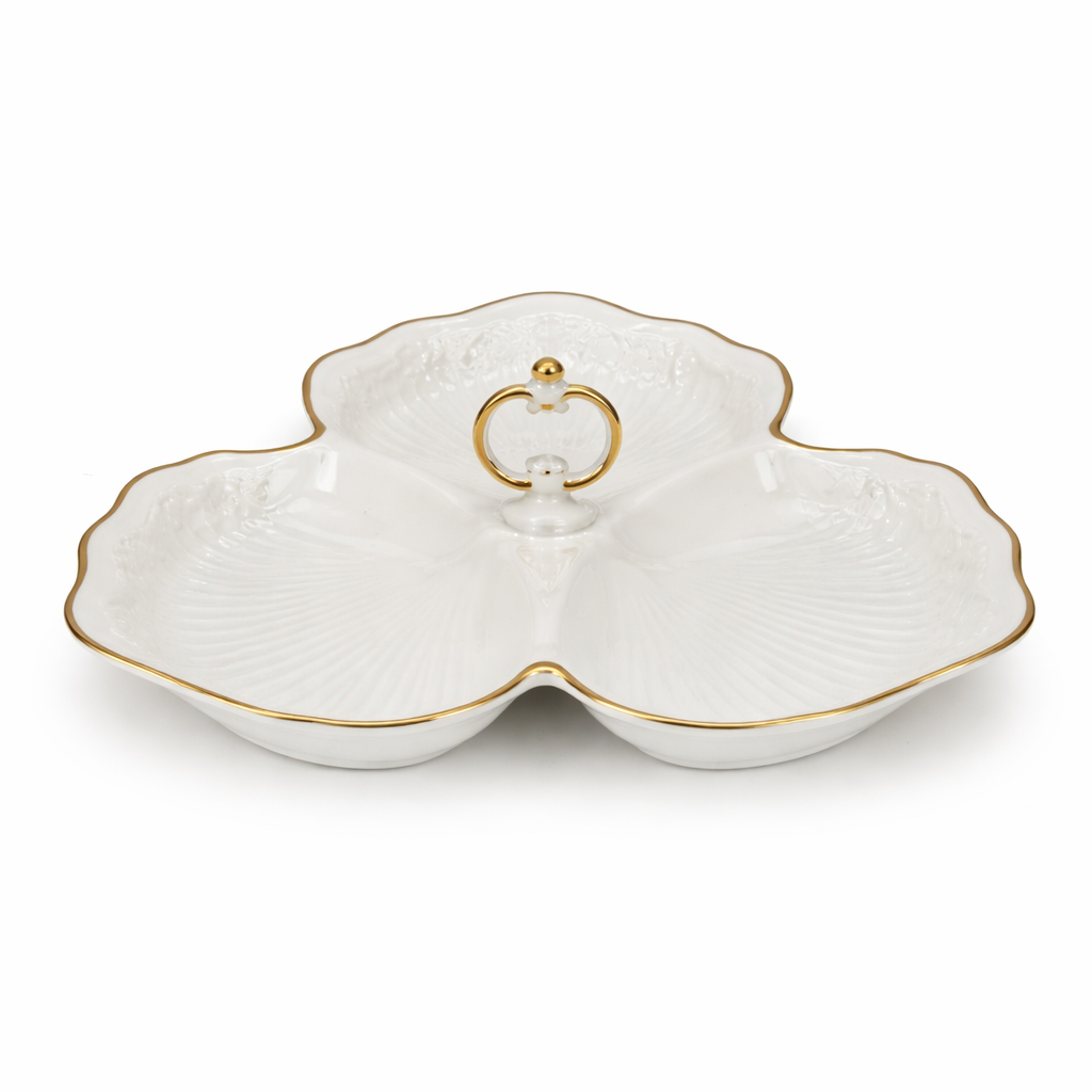 3-Section White Porcelain Snack Dish with Gold Handle – Elegant Divided Serving Dish