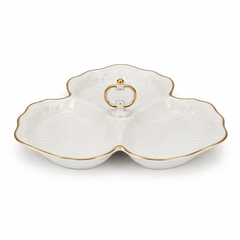 3-Section White Porcelain Snack Dish with Gold Handle – Elegant Divided Serving Dish