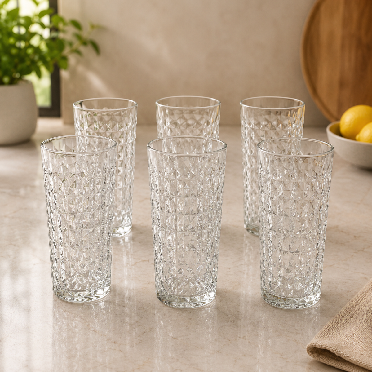 Premium Diamond Textured Tumbler Glass 280 ml – Stylish Everyday Glass for Water, Juice & Soft Drinks