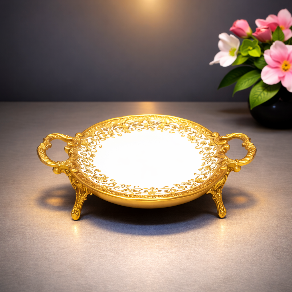 Round Flat Tray – Luxury Ornate Decorative Serving Tray with Handles 42x6cm - Habitt