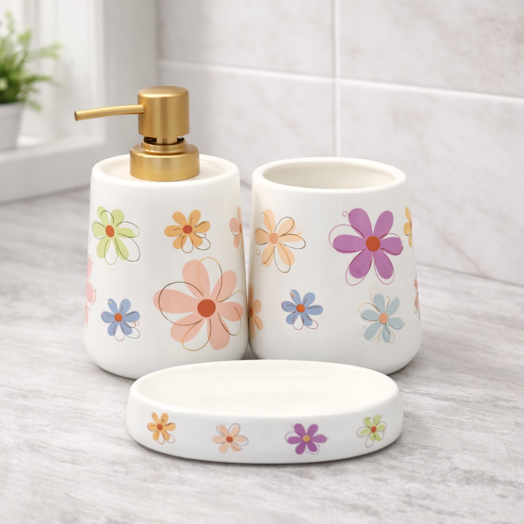4-Piece Floral Bathroom Accessories Set – White Multi-Color Flower Soap Dispenser, Toothbrush Holder & Soap Dish - Habitt