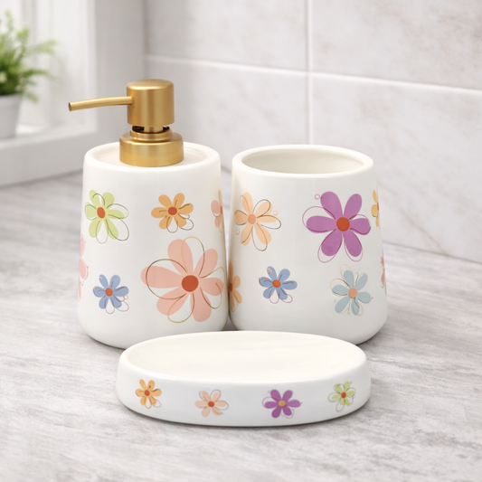4-Piece Floral Bathroom Accessories Set – White Multi-Color Flower Soap Dispenser, Toothbrush Holder & Soap Dish - Habitt