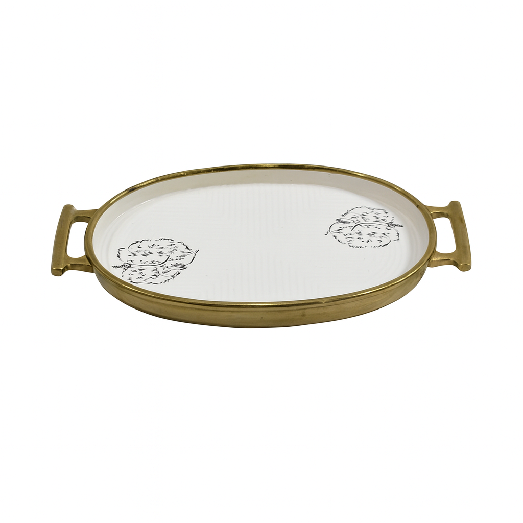 Serving Plate (W/BASE) – Oval White Ceramic Tray with Gold Handles