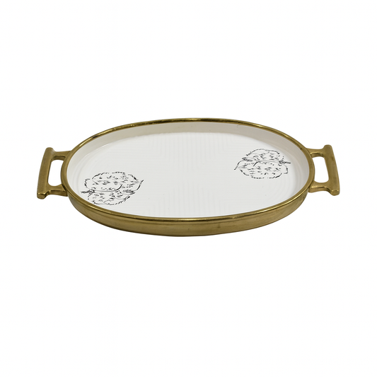 Serving Plate (W/BASE) – Oval White Ceramic Tray with Gold Handles