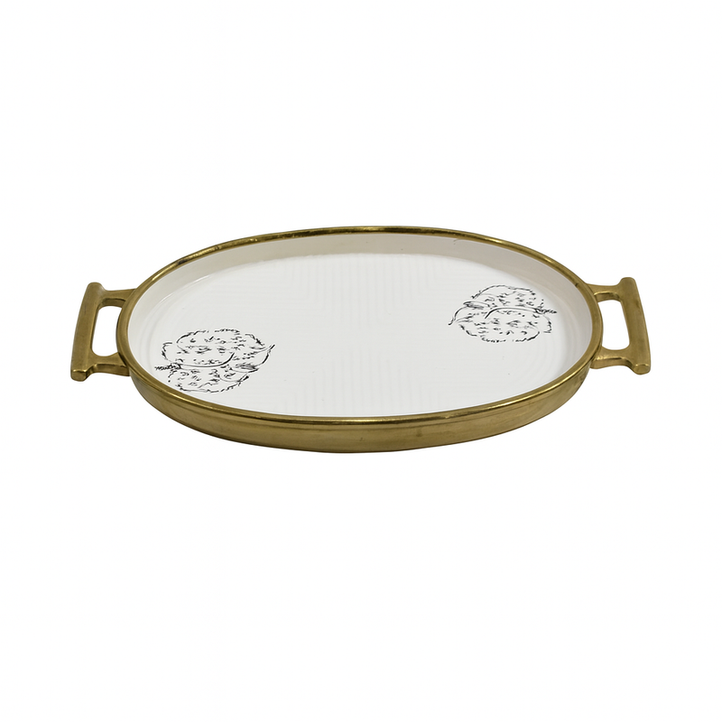 Serving Plate (W/BASE) – Oval White Ceramic Tray with Gold Handles - Habitt