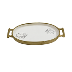 Serving Plate (W/BASE) – Oval White Ceramic Tray with Gold Handles