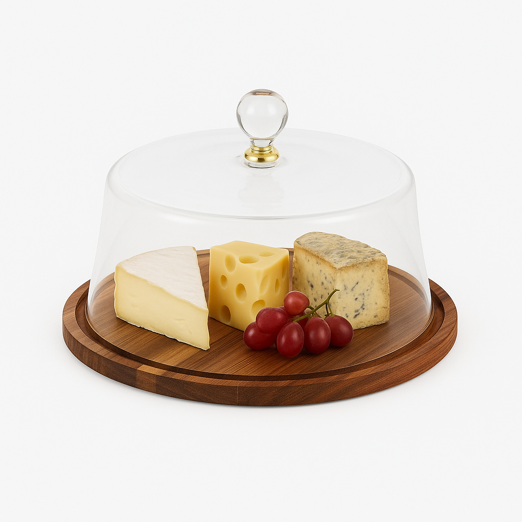 Large Wooden Cake Dish with Glass Dome | Elegant Round Cake Stand for Serving &amp; Display
