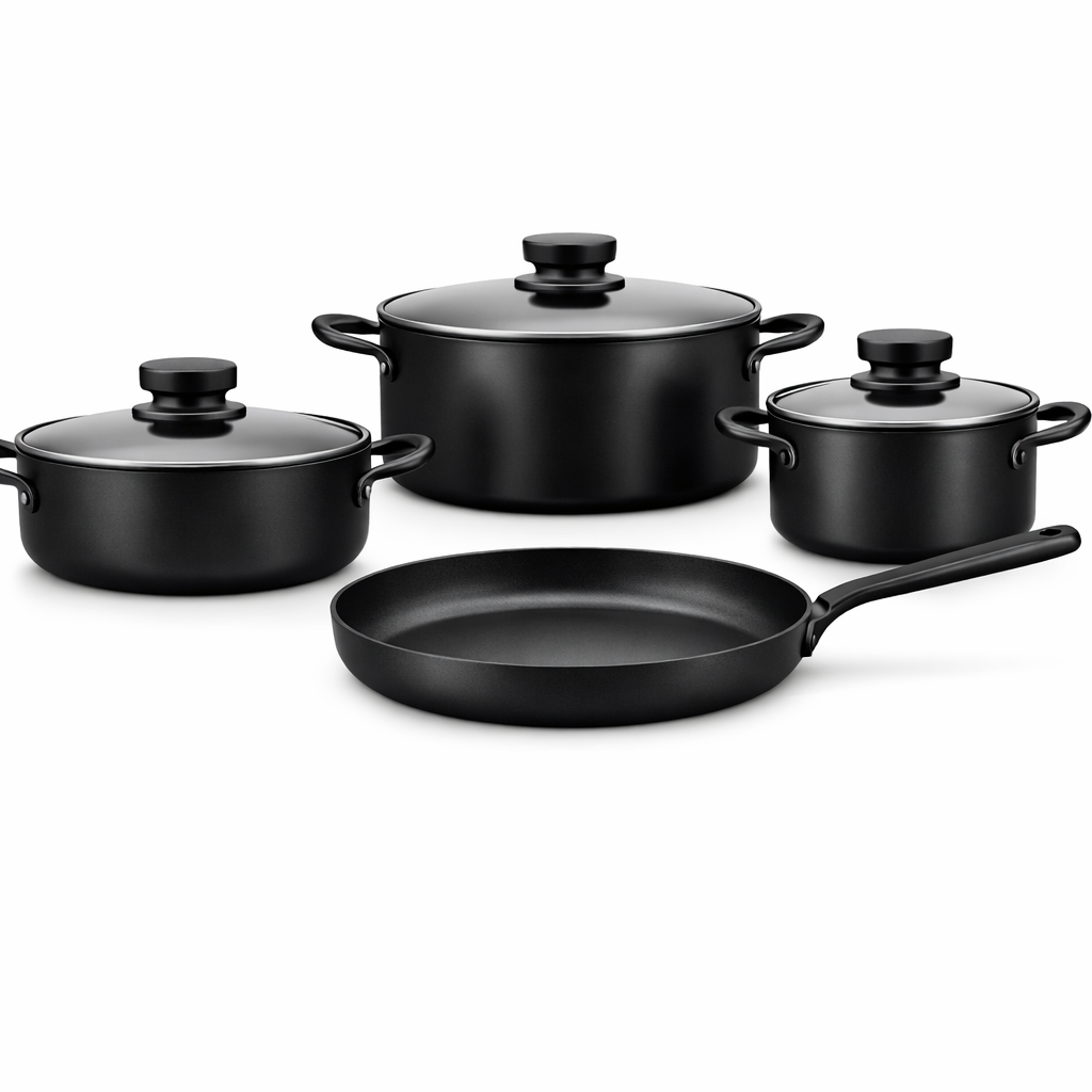 Lena 7 Pcs Cookware Set – Classic Matte Black Nonstick Aluminium Set - Habitt