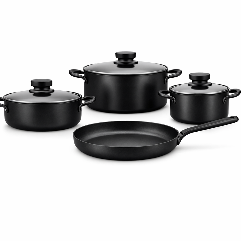 Lena 7 Pcs Cookware Set – Classic Matte Black Nonstick Aluminium Set - Habitt