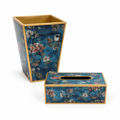Luxury Blue Floral Bird Print Dustbin Set – Decorative Waste Bin & Tissue Box Combo with Gold Trim