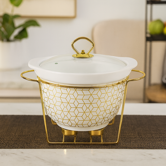3.5L Deep Round Ceramic Casserole With Gold Stand – Premium Serving & Warming Dish