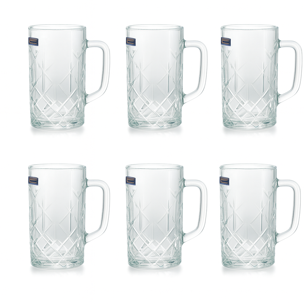 Diamond-Cut Textured Clear Glass Juice Mug 400 ml with Handle – Set of 6 | Premium Patterned Drinkware for Home & Café