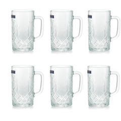Diamond-Cut Textured Clear Glass Juice Mug 400 ml with Handle – Set of 6 | Premium Patterned Drinkware for Home & Café