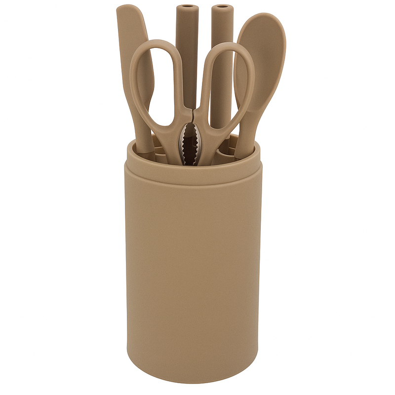 Kitchen Knife &Utensil Set with Holder – 7-Piece Non-Slip Beige Cooking Tool Set - Habitt