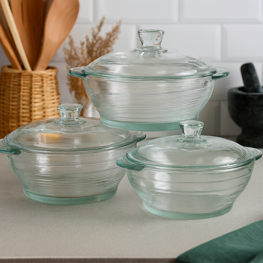 3-Piece Clear Glass Casserole Set – Heat-Resistant Cooking & Serving Bowls with Lids (Total 3250 ml)