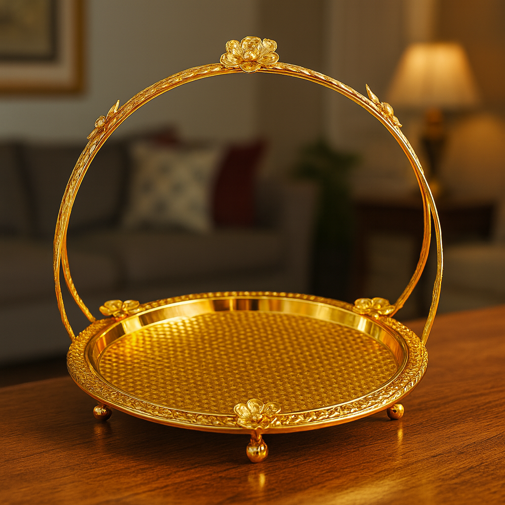 Floral Round Basket – Small Gold Decorative Serving & Display Basket