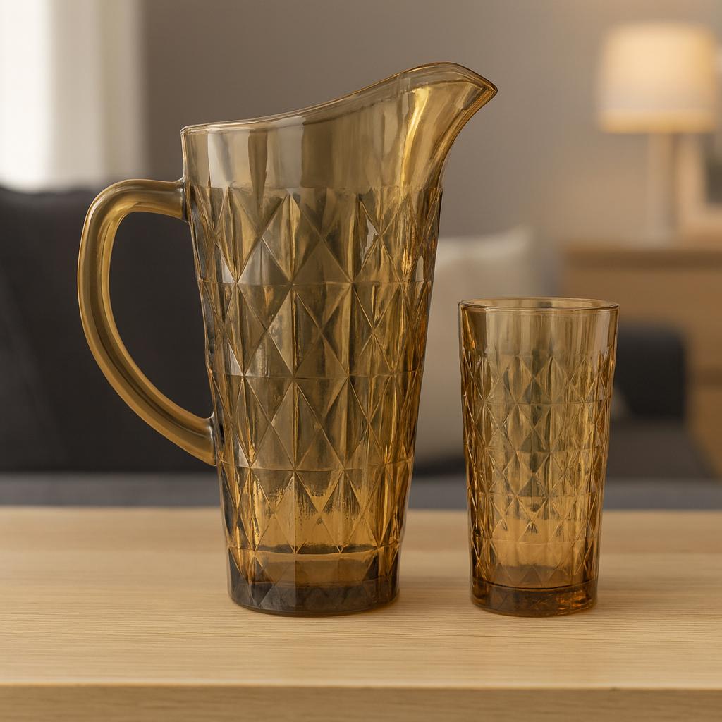 Smoke-Tinted 7-Piece Water Set – 1.7 L Jug with 278 ml Glasses (Premium Diamond-Embossed Glassware) - Habitt