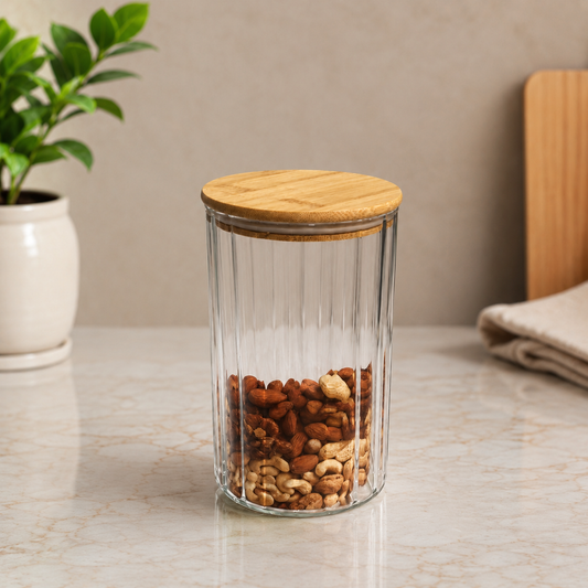 Transparent Storage Jar with wooden bamboo Lid, Round Shape, Clear,Medium - Habitt