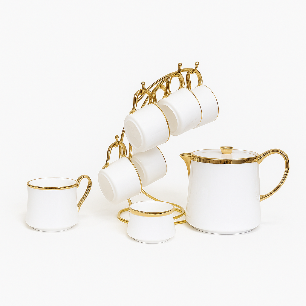 Sol 7 Pcs Tea Set with Stand 741 – White &amp; Gold Porcelain Tea and Coffee Set