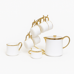 Sol 7 Pcs Tea Set with Stand 741 – White &amp; Gold Porcelain Tea and Coffee Set