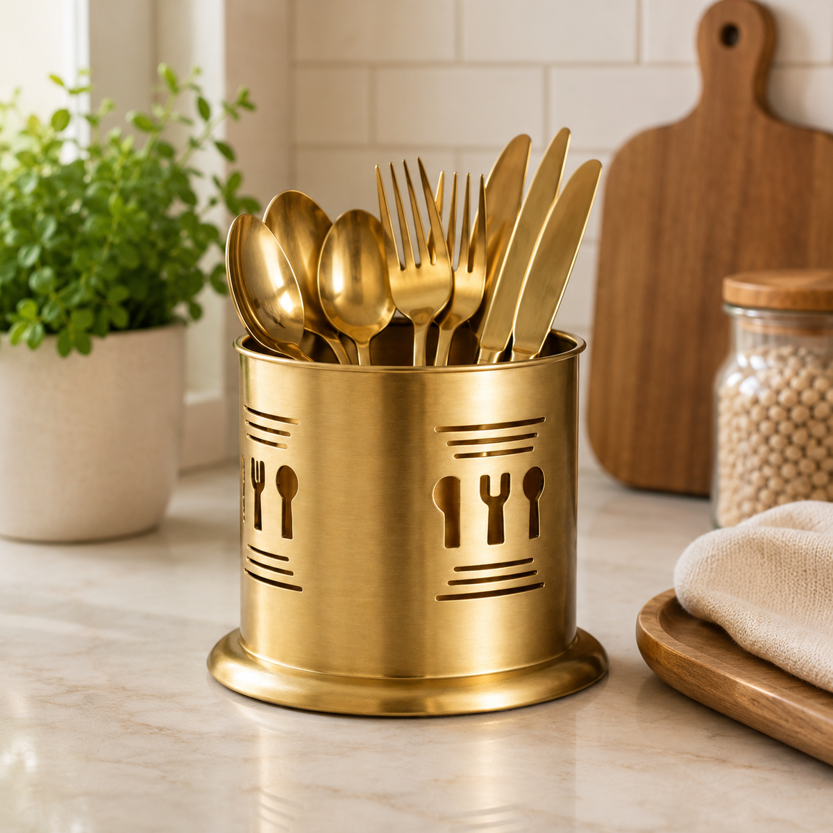 Golden Spoon Holder 10x17.5 – Premium Cutlery Stand for Kitchen & Dining