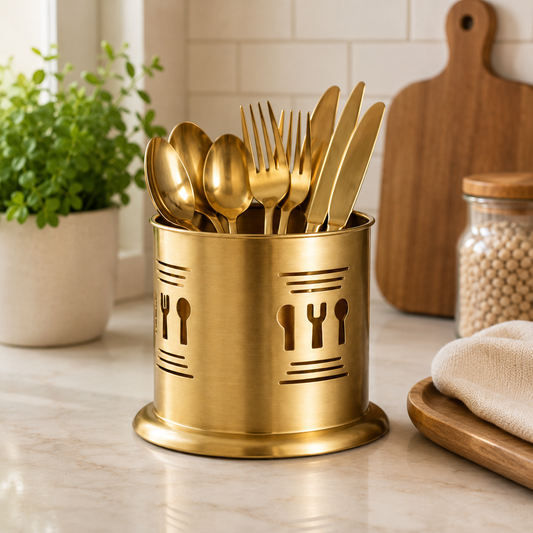 Golden Spoon Holder 10x17.5 – Premium Cutlery Stand for Kitchen & Dining