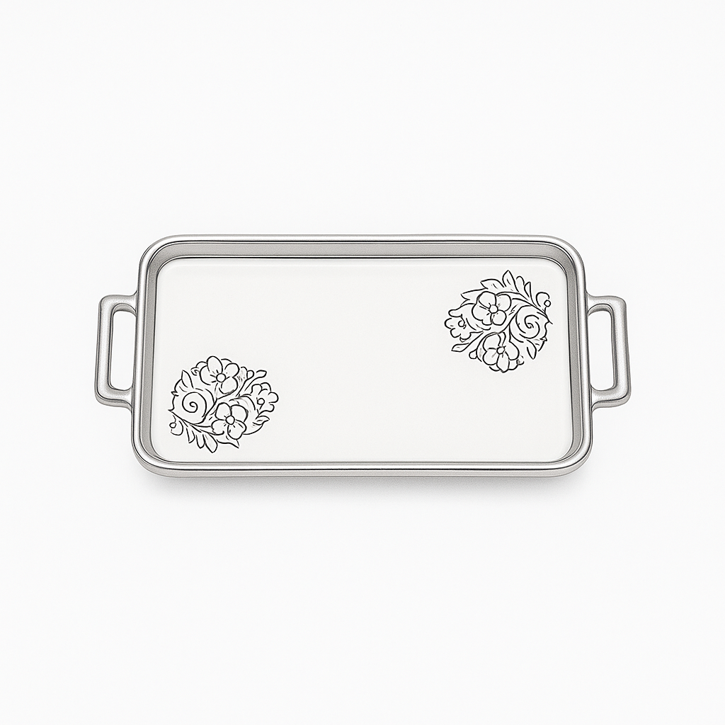 Serving Plate Flat Small (with Base) – White Ceramic Tray with Silver Handles