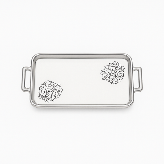 Serving Plate Flat Small (with Base) – White Ceramic Tray with Silver Handles