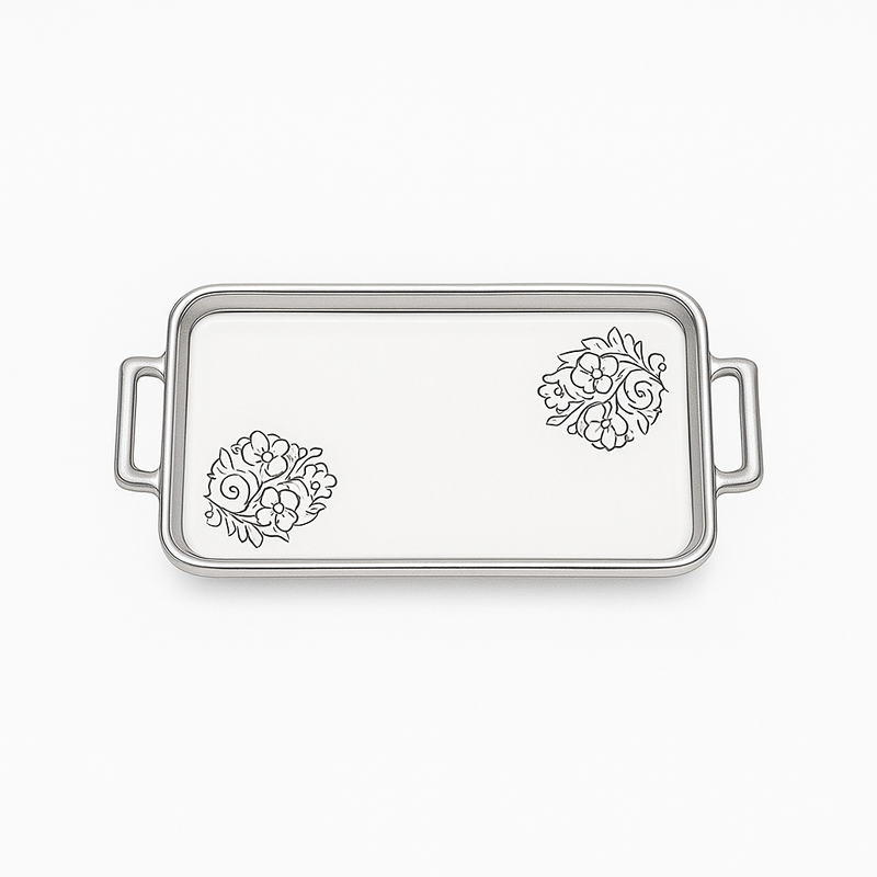 Serving Plate Flat Small (with Base) – White Ceramic Tray with Silver Handles - Habitt
