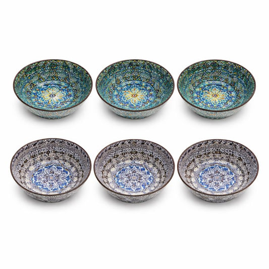 6-Piece Ceramic Bowl Set – Elegant Blue & Grey Patterned Serving Bowls