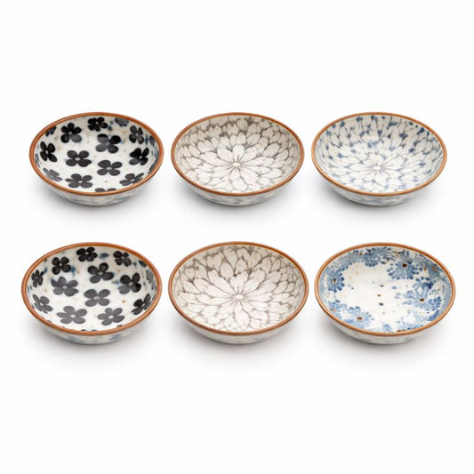 6-Piece Ceramic Bowl Set – Minimal Floral Pattern with Earthy Rim