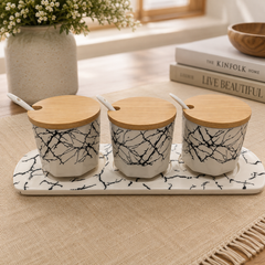 3 Pcs Ceramic Condiment Set with Tray – Kitchen Spice & Seasoning Jars