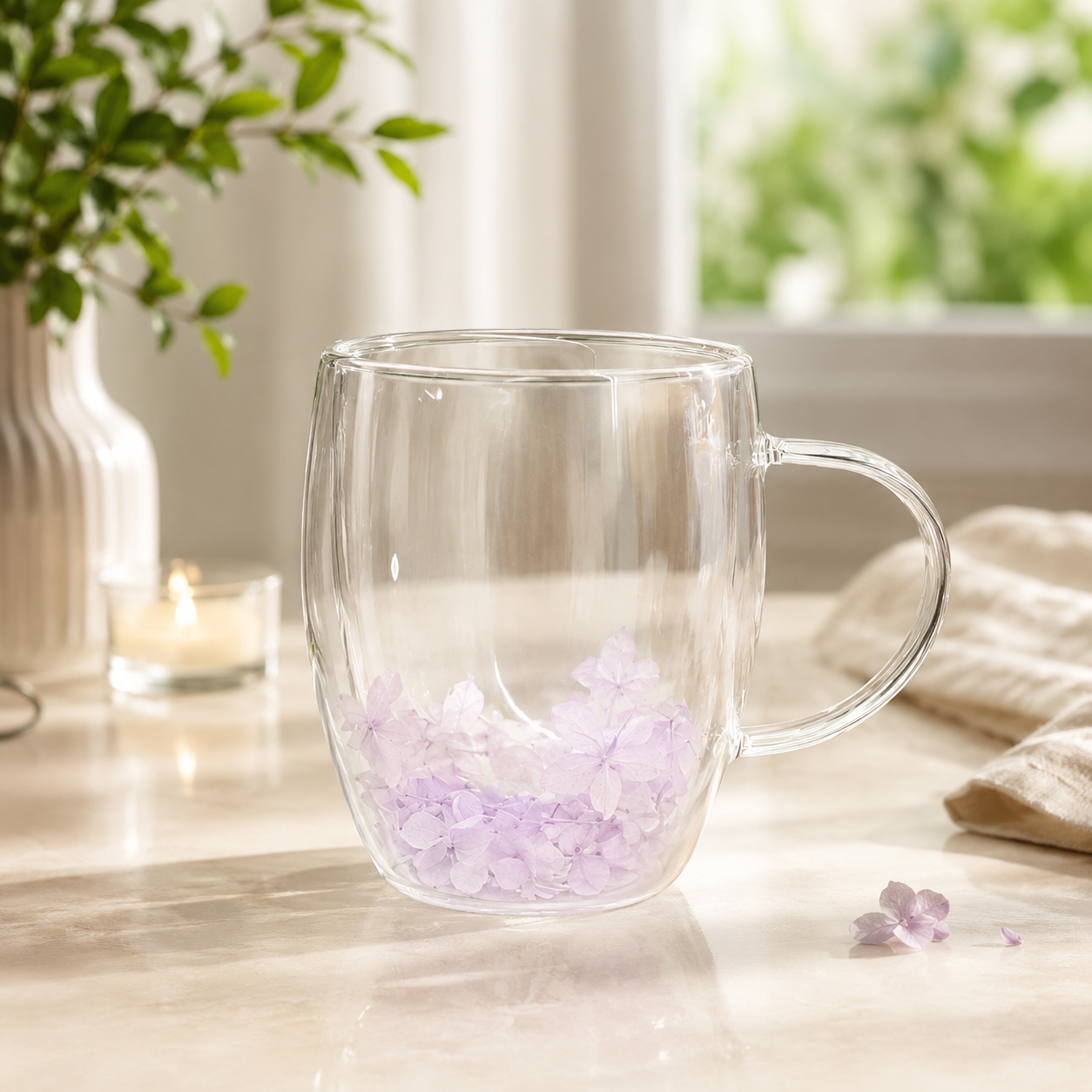 Flower Double Wall Glass Mug – Baby Blue Floral Tea & Coffee Cup - Habitt