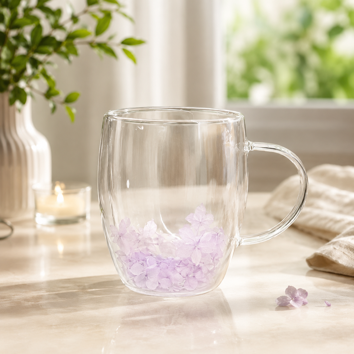 Flower Double Wall Glass Mug – Baby Blue Floral Tea & Coffee Cup - Habitt