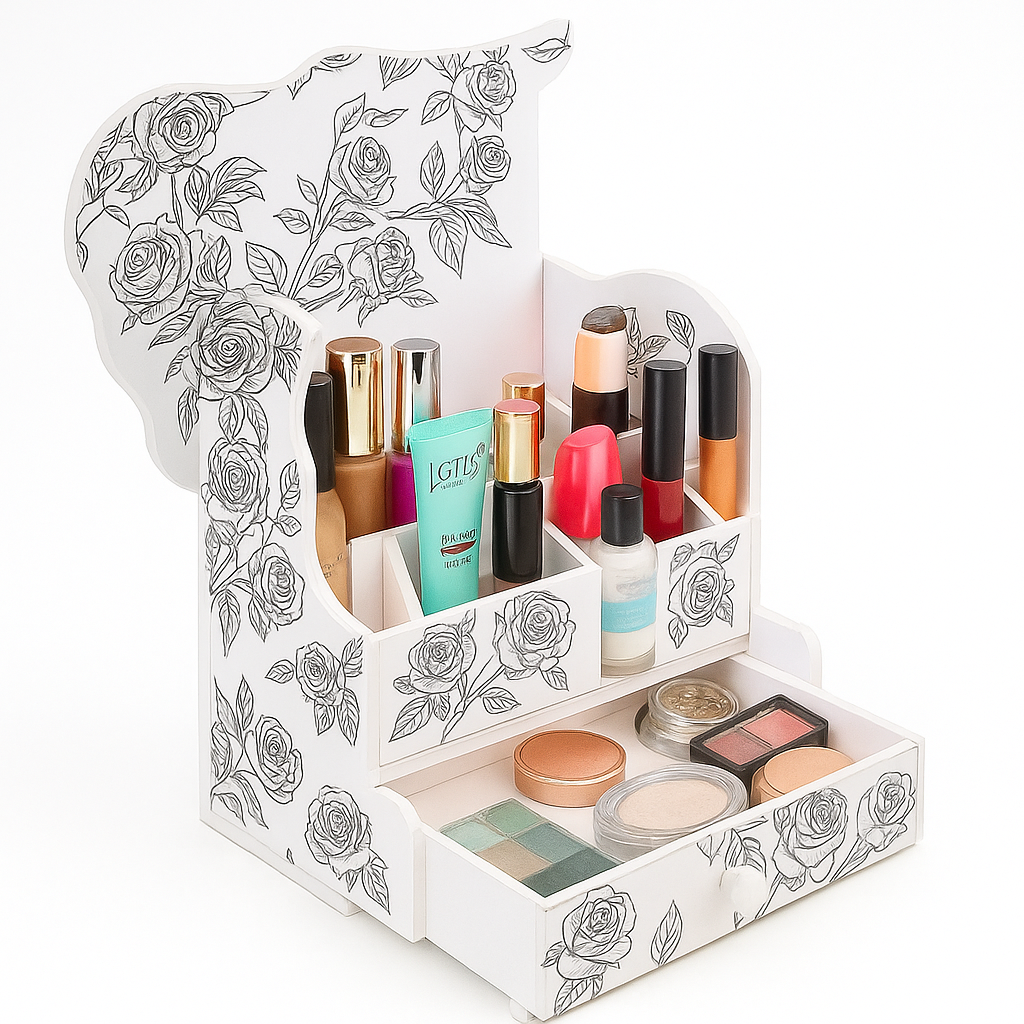 White Floral Beauty Organizer – Multi-Slot Makeup Holder with Drawer