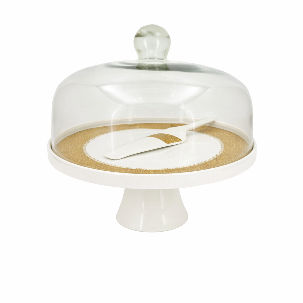 Elegant White & Gold Cake Stand Set with Glass Cover – Pedestal Dessert Display with Server