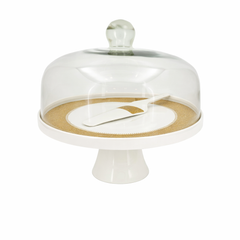Elegant White & Gold Cake Stand Set with Glass Cover – Pedestal Dessert Display with Server