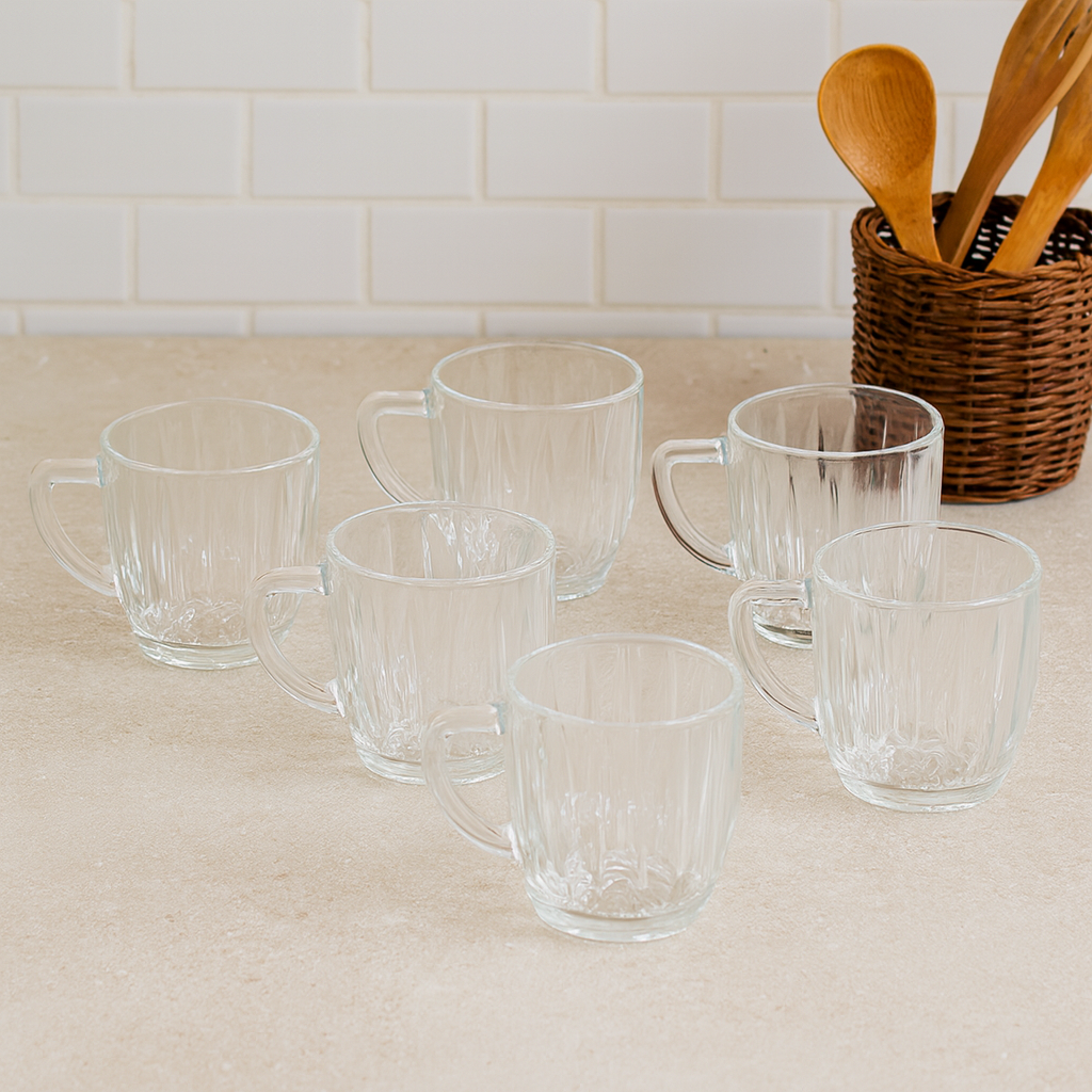 Deli Glassware Ribbed Clear Ribbed Glass Mug – Premium 250 ml Deli Glassware (Set of 6) - Habitt