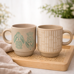 Pack Of 2  Mini Ceramic Mug Set – Botanical & Geometric Design | Small Coffee & Tea Cups