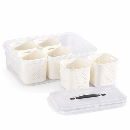 Plastic Crisper Box with 6 Partitions – Refrigerator Storage Organizer with Removable Baskets & Lid - Habitt