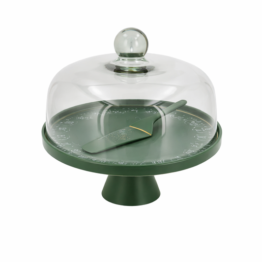 Elegant Green Cake Stand Set with Glass Cover – Pedestal Cake Plate with Server