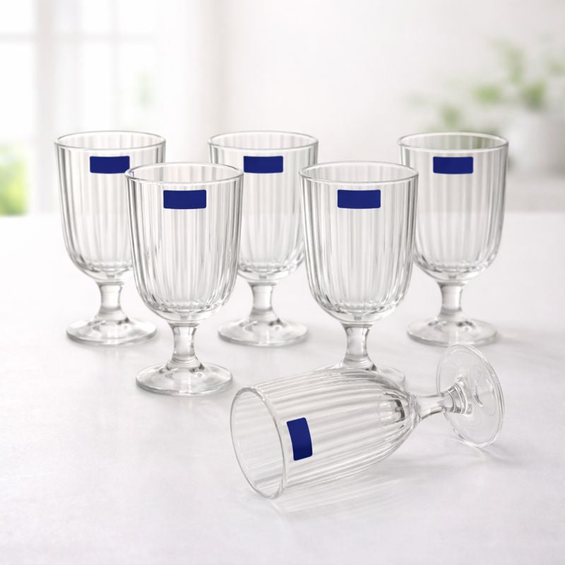 Set of 6 Clear Ribbed Glass Goblets – Elegant Stemmed Drinking Glasses for Water, Juice - Habitt