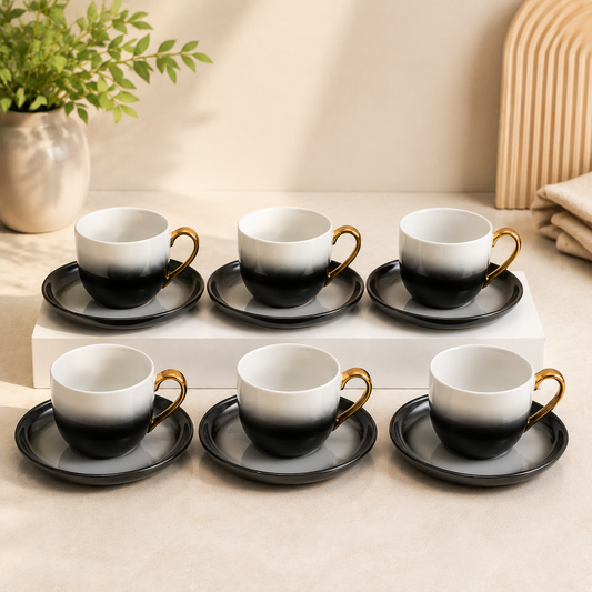Grey Double Tone Cup & Saucer Set | Elegant Ceramic Tea & Coffee Cups with Golden Handle - Habitt