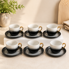 Grey Double Tone Cup & Saucer Set | Elegant Ceramic Tea & Coffee Cups with Golden Handle - Habitt