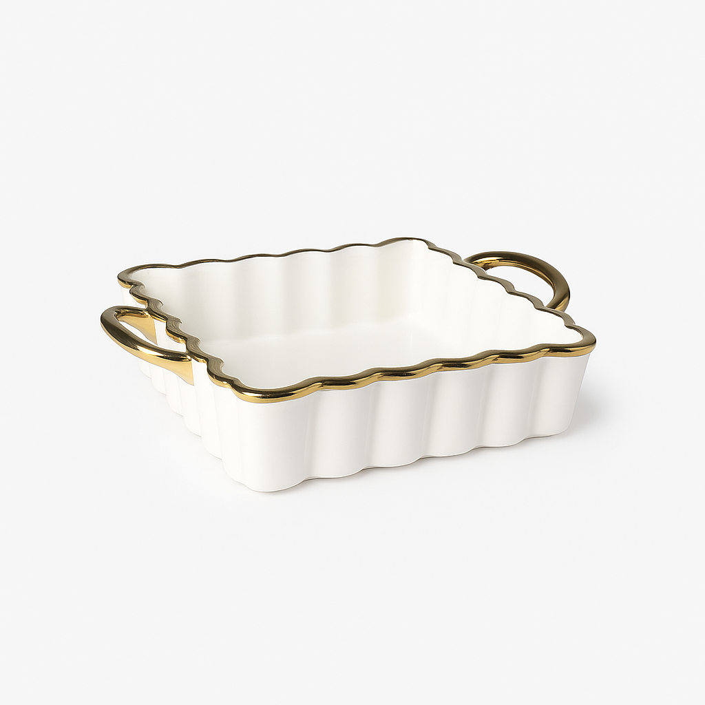 Elegant Frilled Dish – White Ceramic with Gold Rim