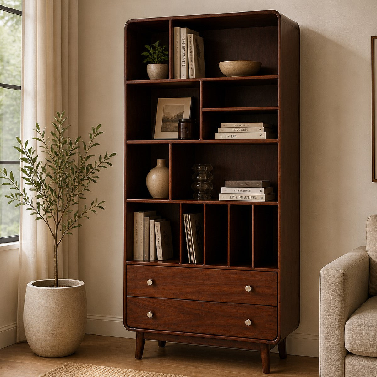 Aurra Wooden Display Shelf | Modern Storage Bookcase with Drawers - Habitt